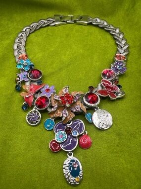 Vtg OOAK Runway Wearable Art Statement Choker Necklace Heavy Silver Tone Enamel